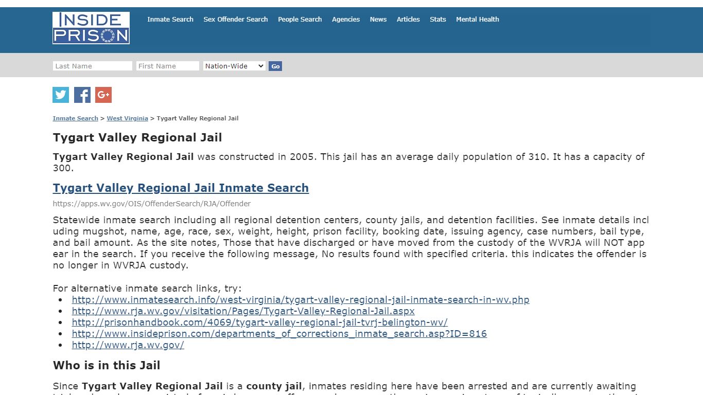 Tygart Valley Regional Jail - West Virginia - Inmate Search